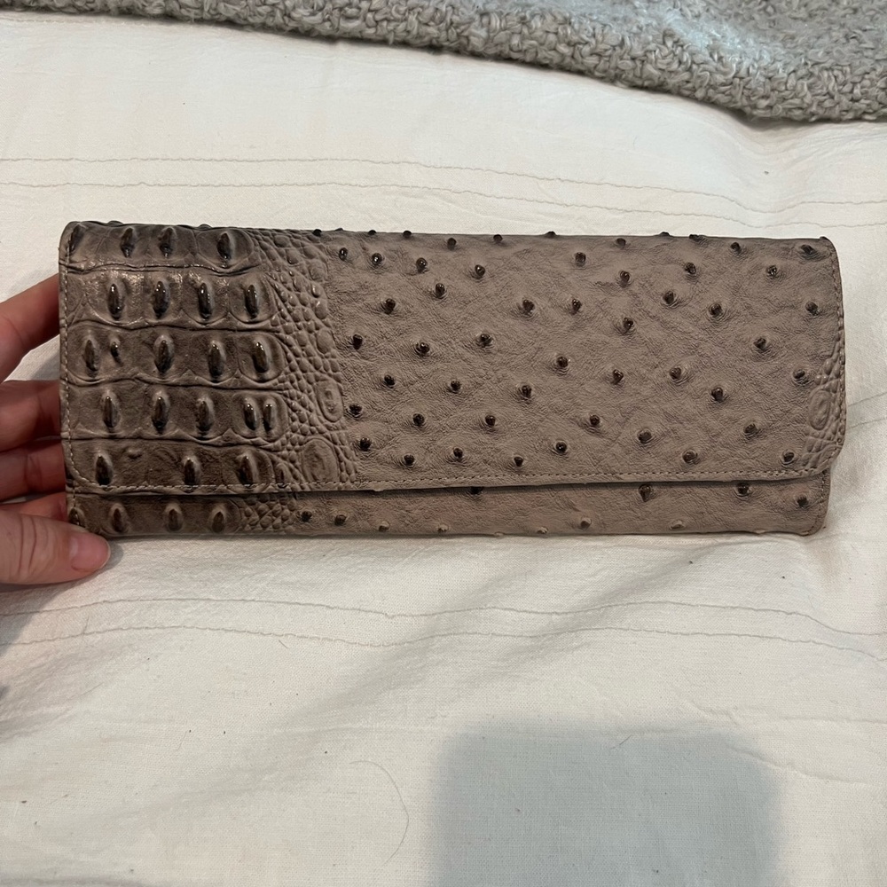 Big Buddha Faux Ostrich Taupe Grey Clutch Wallet